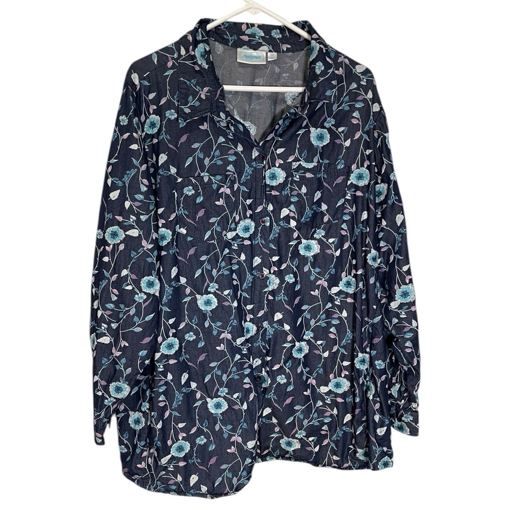 National 3X‎ Blue Floral Button Down Shirt Cotton Denim Long Sleeve Cottagecore